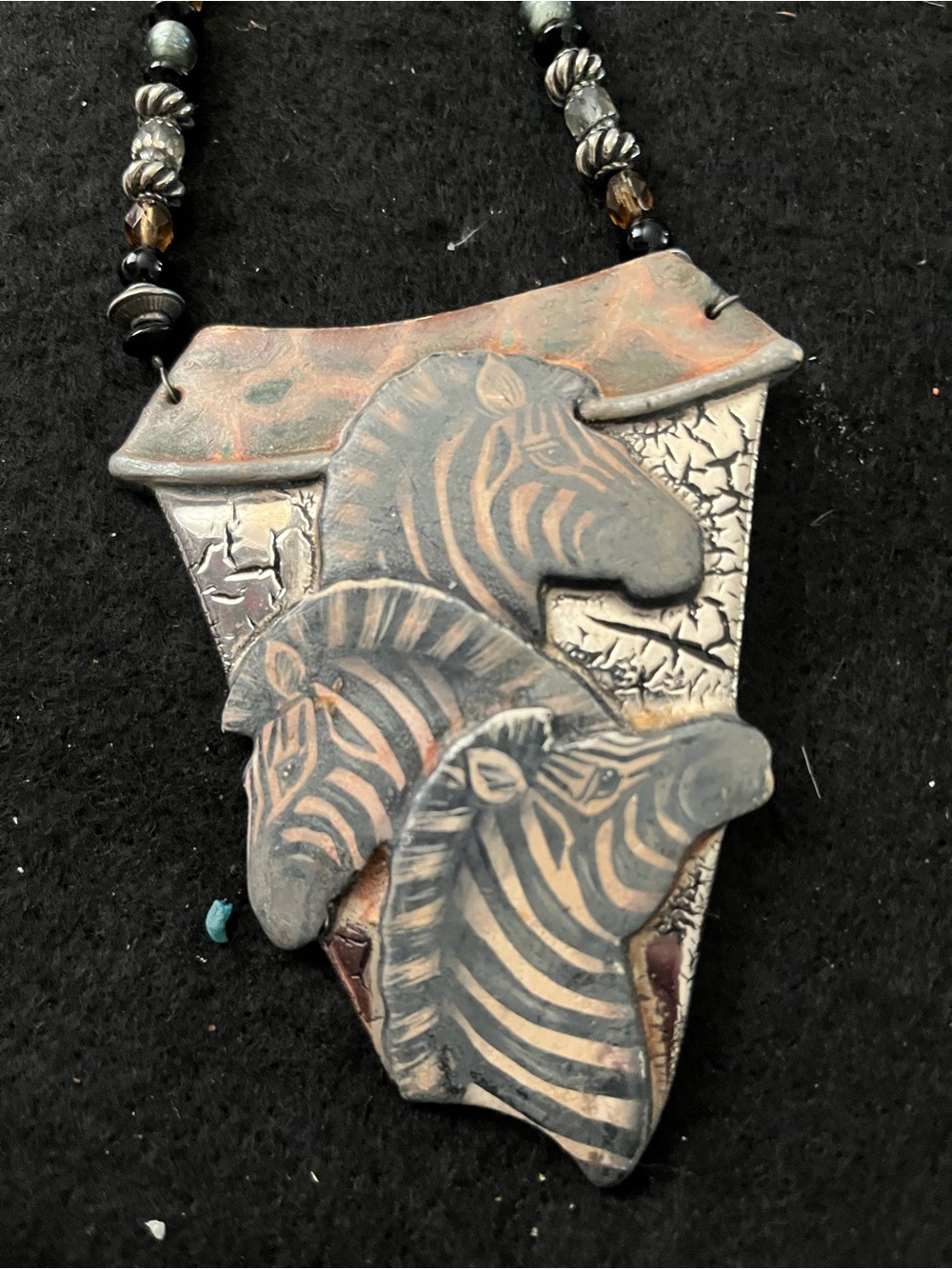 Handcrafted Zebra Trio Pendant Necklace - Black and Tan